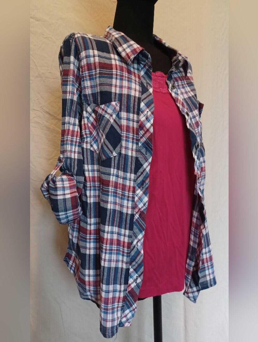 Catherines Red, Navy & Light Blue Plaid Button-Up Utility Shirt Blouse - Picture 9 of 12